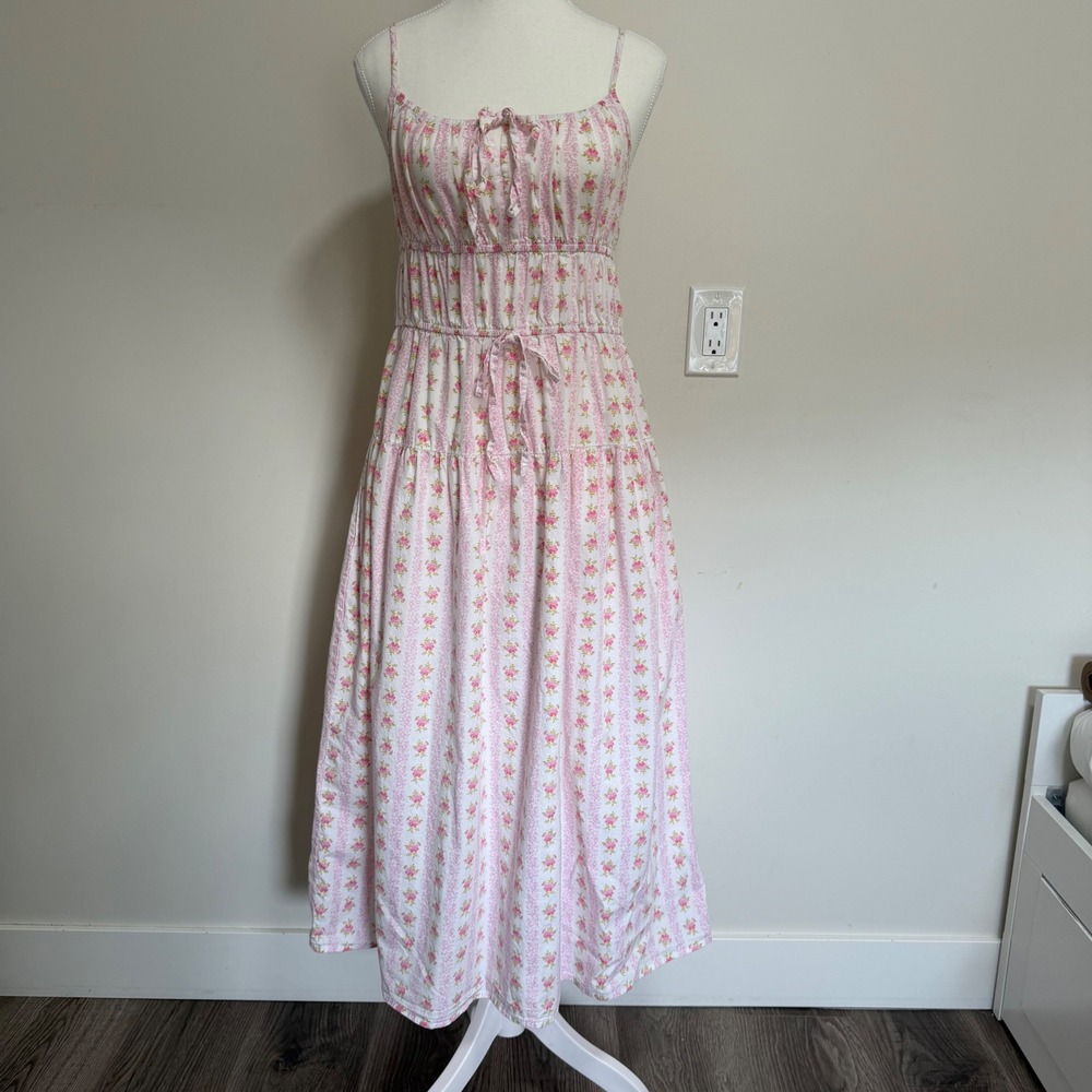 Sim & Sam Floral Stripe Tiered Midi Dress Womens Large Pink Cottagecore Sundress
